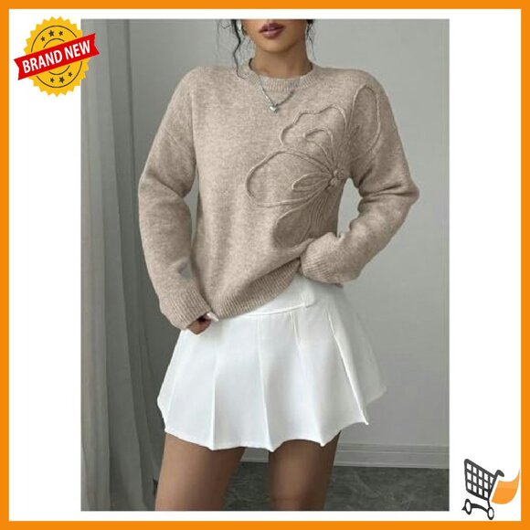 3D Floral Applique Crewneck Sweater Drop Shoulder Knit Top - Picture 6 of 6